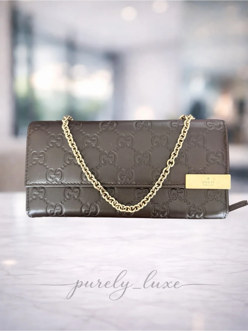 Authentic Gucci Chocolate Brown Embossed GG Leather Chain Clutch- FREE COA